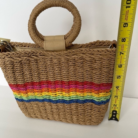 Mini Straw Handbag Rainbow Round Handles Woven Kaleidoscopic - Picture 5 of 7